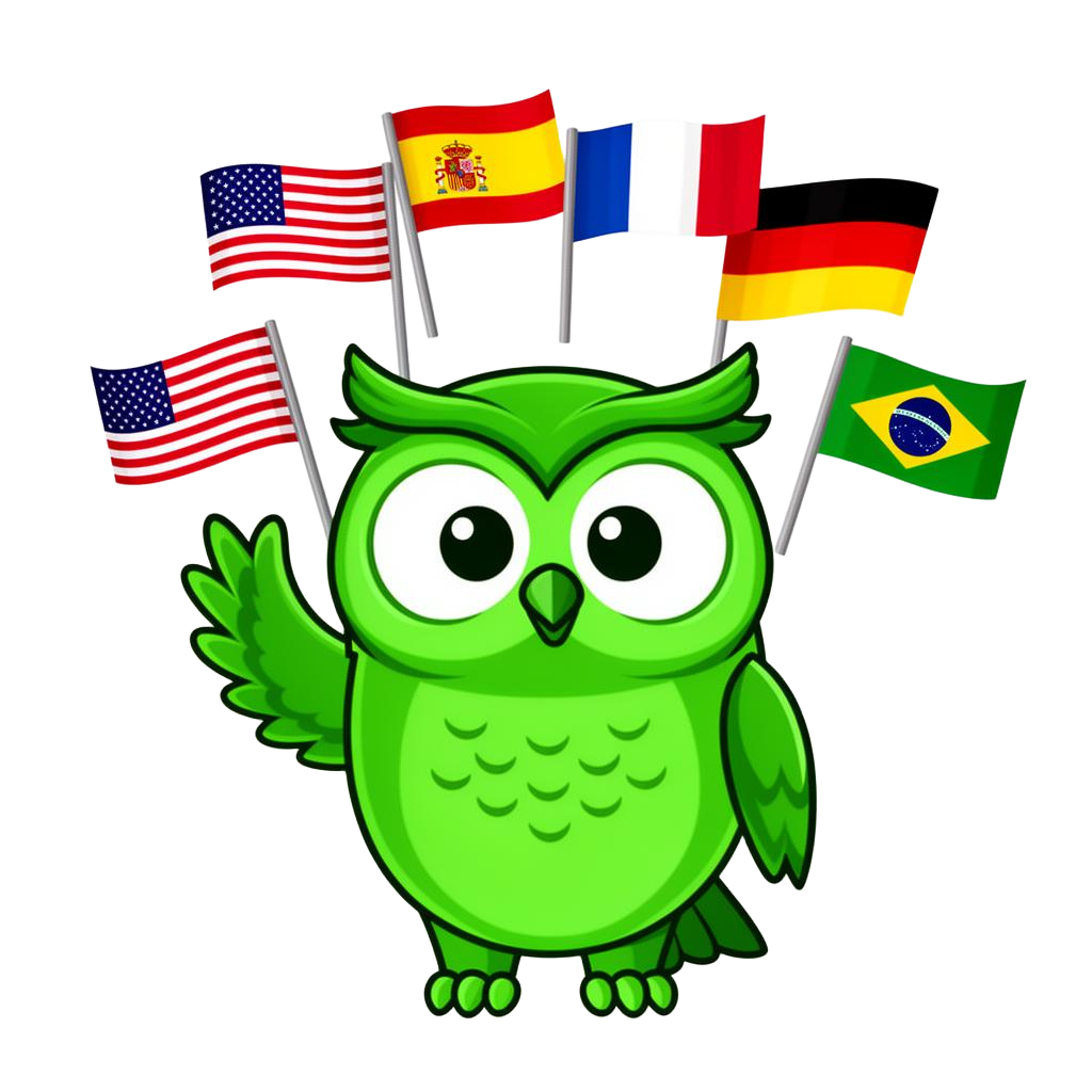 Coruja Duo acenando com bandeiras de idiomas